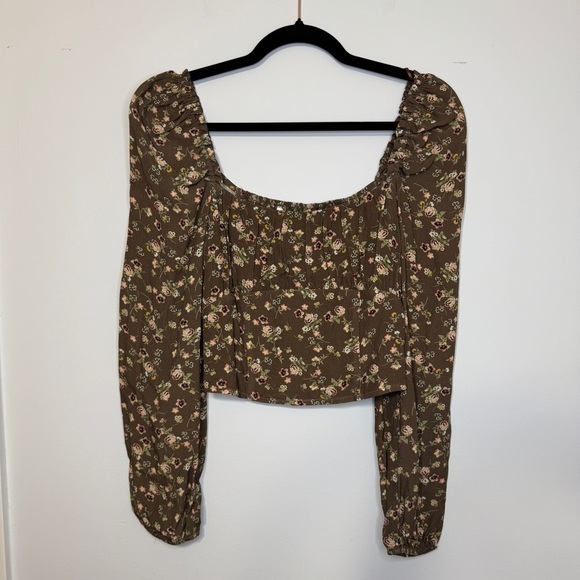 Elodie Floral Puff Sleeve Square Neck Peasant Top Brown Small NWT - Picture 1 of 8